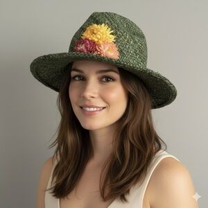 Vintage Green Straw Fedora Hat w/ Flowers - made by Vicki Sather 🇨🇦